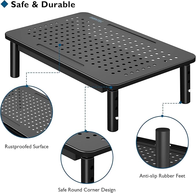 BONTEC 2 Pack Adjustable Monitor Stand Riser with Drawer, Ergonomic Mesh Platform Computer Monitor Stand for Desk, Ventilated Laptop and PC Stand with Cable Management, Supports up to 44lbs
