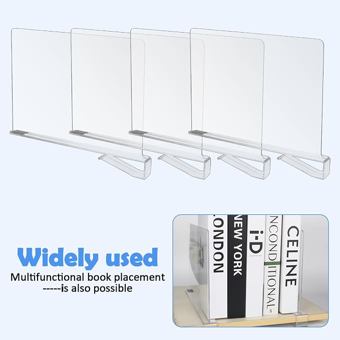 Pack of 4 Acrylic Shelf Dividers Wardrobe, Transparent Divider Shelf, 20 x 28 cm, Multifunctional Pockets Organiser Cupboard, for Kitchen Cabinets, Bookshelves, Cupboards