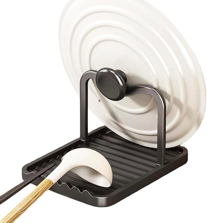Anti-Rust Metal Spoon Rest with Lid Holder, Heat-Resistant Pot Lid Rest, Multifunctional Spatula Holder While Cooking for Stovetop and Kitchen Counter – Black