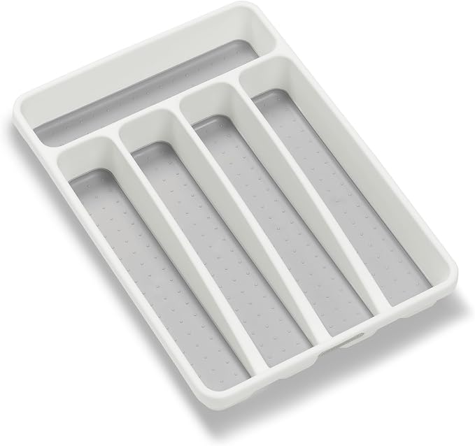 madesmart Small Silverware Tray, Compact 5 Compartment Flatware Organizer for Forks, Knives & Spoons, Non Slip, Soft Grip Lining, Fits Small Drawers, White