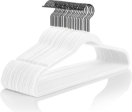 MIZGI Premium Velvet Hangers (50 Pack) - Heavy Duty Non Slip Velvet Suit Hangers - White & Black Coated Hooks, Space Saving