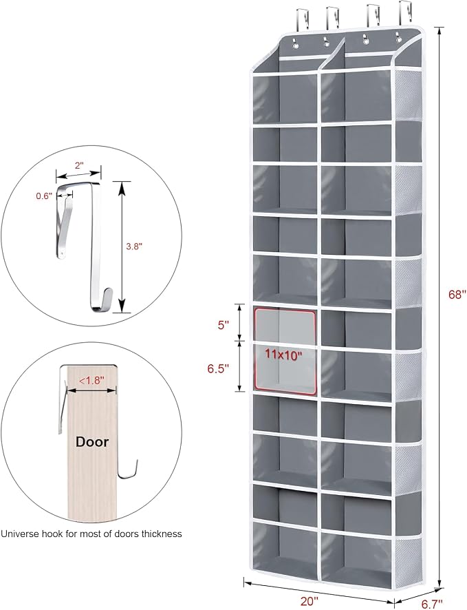 Univivi Over the Door Organizer, 6 Tiers Behind Door Storage with Clear Deep Pockets Hanging Organizer for Closet, Bedroom, Nursery, Bathroom and Sundries (Grey)