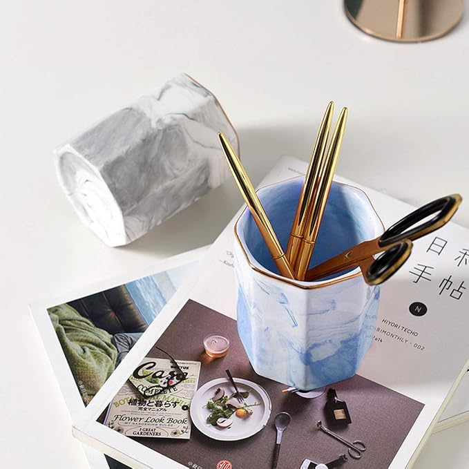 Pencil Holder Cup, Pen Organizer Stand for Desk Cute Marble Pattern Pen Cup Durable Ceramic Desk Organizers for Office Girl Women Adult Teen, Blue Marble