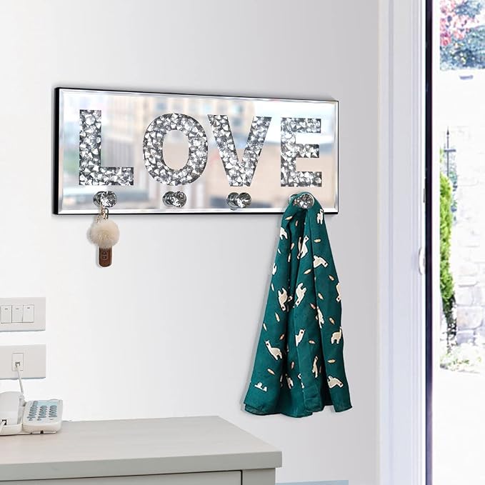 Crushed Diamond Mirrored LOVE Letter Plaque Sign - 15" Silver Mirror Key Holder with 4 Crystal Acrylic Hooks, Wall Mounted Key Hanger for Bedroom, Nursery, Hallway - Glam Art Deco Romantic Wall Decor