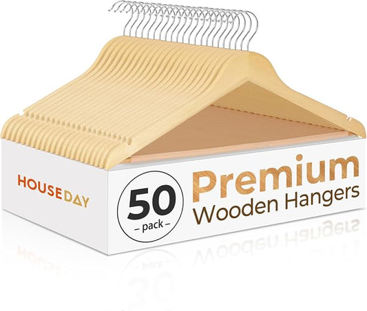 HOUSE DAY Premium Wooden Hangers 50 Pack - Heavy Duty & Durable Coat Hanger | Natural Wood Suit Hangers, 360° Swivel Hook & Pant Bar, Ideal for Jackets, Dresses, Shirts, Perfect for Closet Organization