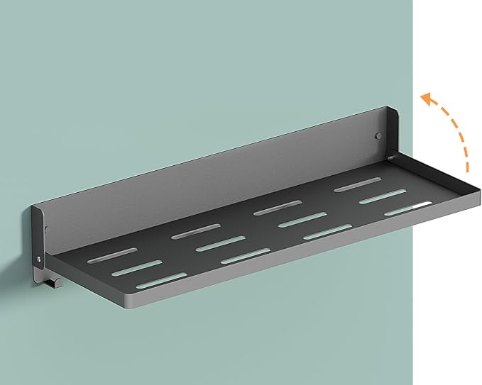 Folding Metal Shelf with Hooks, Wall Mounted Laundry Room Shelf, 8 Hooks & 90° Fold Up, Fold-Down for Rv, Bathroom, Kitchen, Garage, Space Saving, Small Space, Black（17.0", 1 Pack）