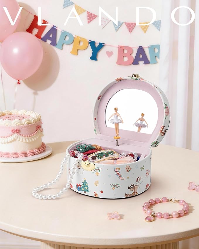 VLANDO 2Pcs Gifts for Girl, Musical Jewelry Box for Girls, Small Kid Music Box with Ballerina for Party Bedroom Decor, Gifts for Girls Kids - Christmas White