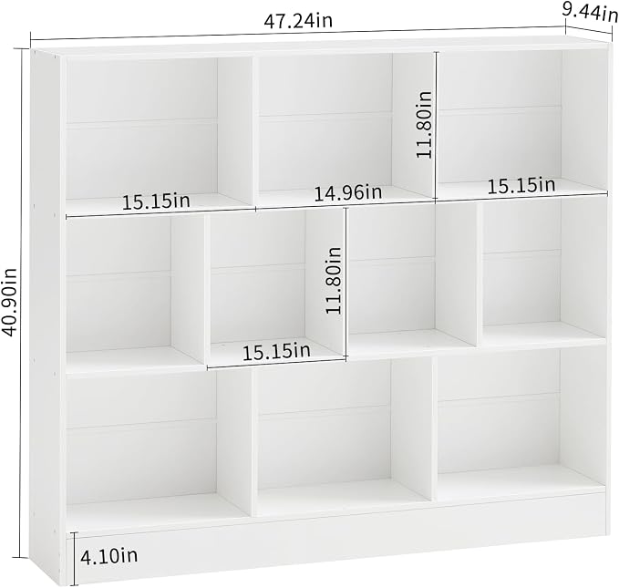 YAHARBO White 10 Cube Bookshelf,3 Tier Modern Horizontal Bookcase,Wooden Low Book Shelf Display Storage Cabinet with Base,Floor Standing Short Bookshelves Open Organizer for Bedroom,Living Room,Office