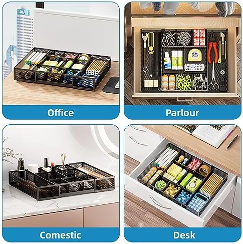 Marbrasse Expandable Desk Drawer Organizer, Mesh Drawer Organizer Tray with 10 Adjustable Compartments, Desk Organizers and Accessories for Office Supplies, Makeup & Vanity (Expandable Black-2 pack)