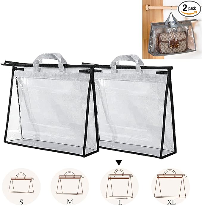 fazhongfa 2PCS Dust Bags for Handbags Clear Purse Storage Organizer Non-Woven Hanging Bag Closet with Zipper and Handle (Large, Light Grey)