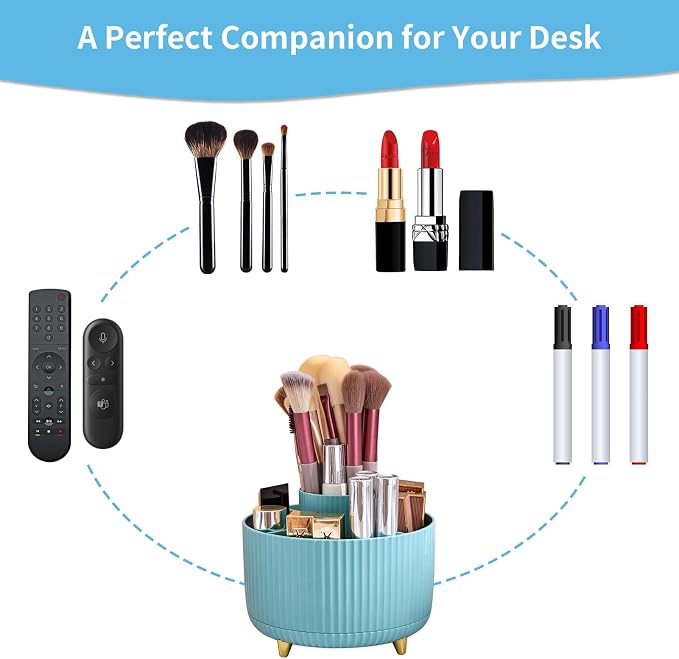 Marbrasse Desk Organizer, 360-Degree Rotating Pen Holder, Desk Organizers and Accessories with 5 Compartments Pencil Holder, Art Supply Storage Box Caddy for Office, Home（Light Blue）
