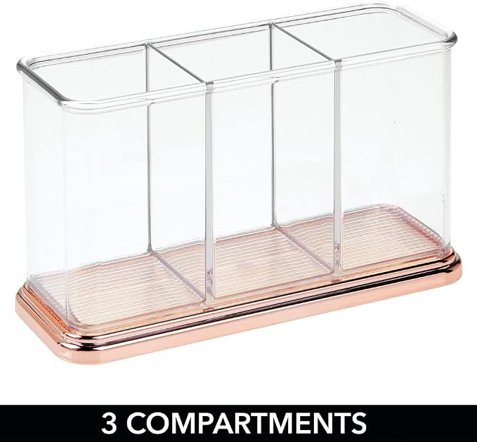 mDesign Plastic Organizer Cup Holder, Divided Storage Organizer for Desks, Office, Tables, Workspaces - Stores Pen, Pencils, Markers, Scissors - 3 Sections - Clear/Rose Gold