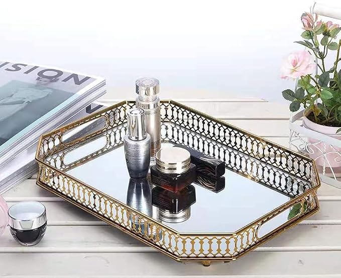 Vintage Gold Mirrored Vanity Tray – Decorative Perfume and Makeup Organizer with Handles for Dresser, Bathroom or Jewelry Display, Large Size 13.8" X 9.6" X2.2"