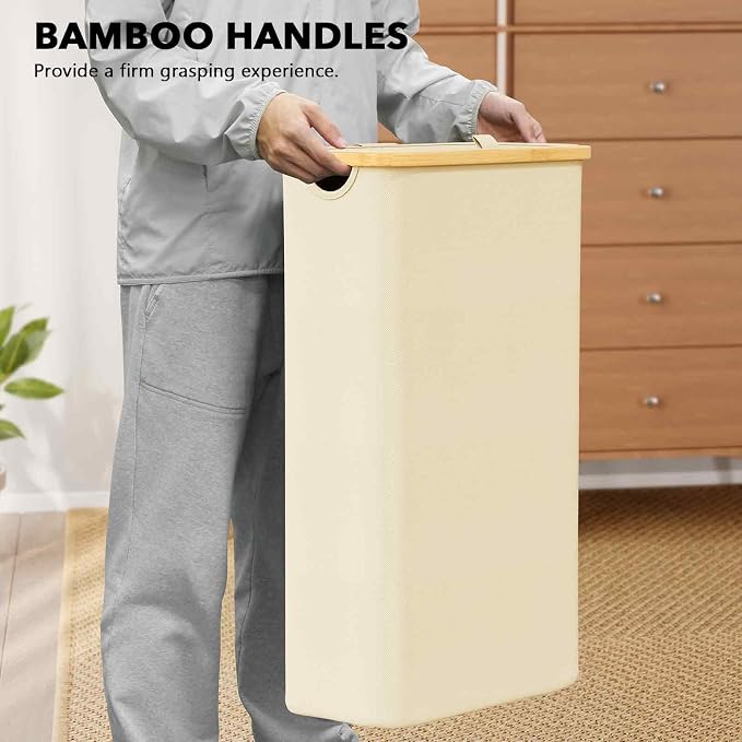 SpaceAid Slim Laundry Hamper with Lid, 65L Narrow Clothes Basket Bin with Bamboo Handles, Skinny Tall Collapsible Hamper for Bedroom, Bathroom, Dorm, Laundry Room - Beige