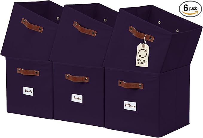 DECOMOMO Storage Bins, Cube Storage Bin with Labels | 10.5" x 11" Fabric Storage Cubes for Shelves (6pcs, Deep Voilet)
