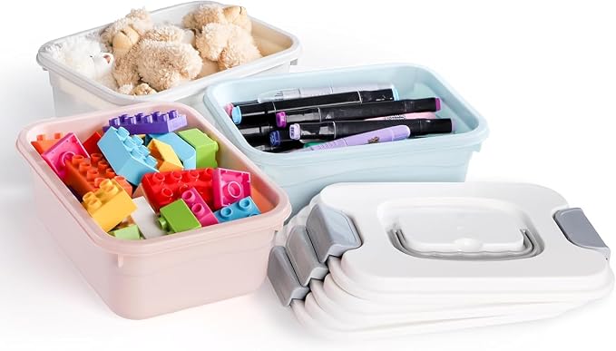 Elsjoy Set of 6 Small Plastic Storage Bins With Lid and Handle, 2.1 Quart Plastic Latch Storage Box Stackable Storage Container, Small Plastic Storage Basket Cute Organizer Box for Home, Office