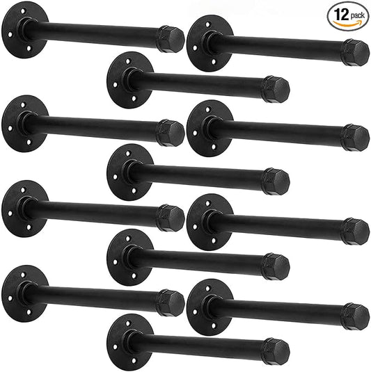 Industrial Pipe Shelf Brackets 12-Pack 16 Inch - Heavy Duty Black Iron for 12"-16" Wood - Wall Mount Floating Shelves Kit with All Hardware Included,Pipe Shelving Brackets , Black DIY Pipe Shelves