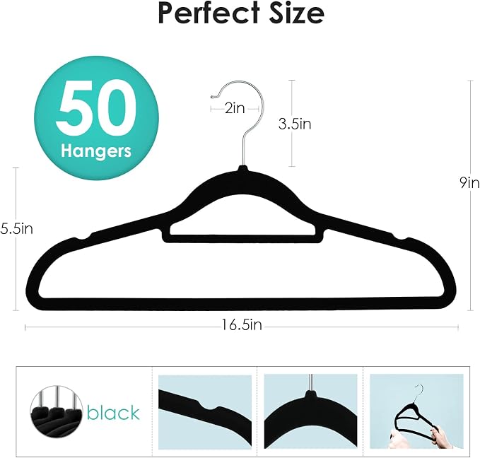 DUDUCOFU Velvet Hangers Non Slip Felt Hangers, 50 Pack Black Velvet Clothes Hangers Space Saving Slim with 360 Degree Swivel Hook for Suits Coats, Jackets, Pants, and Dress Clothes