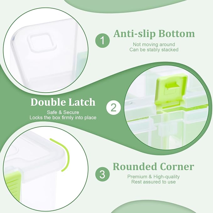 BTSKY Clear Plastic Dividing Storage Box with 4 Compartments Adjustable Storage Bin with Lid Plastic Craft Storage Container Multipurpose Sewing Box Art Supply Organizer, 13.3x8.1x3.4 Inches, Green