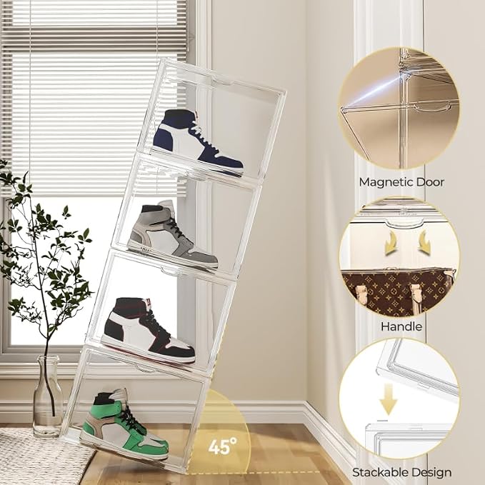 15.75''x11.81''x9.84'' XX-Large Clear Shoe Storage Boxes with Divider, Stackable Plastic Boot Boxes with Magnetic Door, Acrylic display case Box with Lids for Sneaker Purses Handbags Books (3)