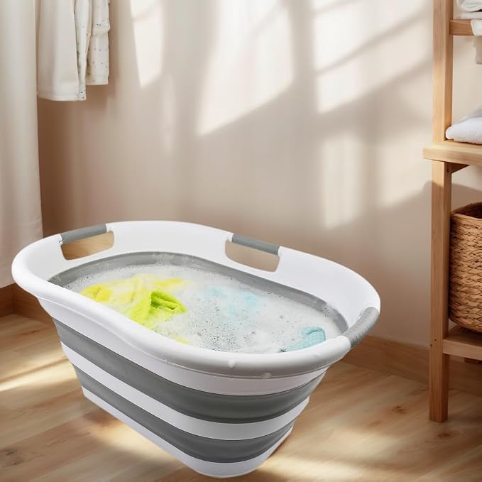 SAMMART 40L (10.5 gallon) Collapsible Plastic Laundry Basket - Foldable Pop Up Storage Container/Organizer - Portable Washing Tub - Space Saving Hamper/Basket (1, White/Grey)