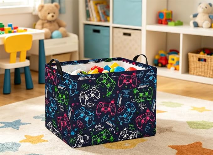 Rectangular Baby Kids Storage Basket for Home Kitchen Girls Cute Toy Storage Bin Organizer Shelf Book Room Decor(Blue Game)
