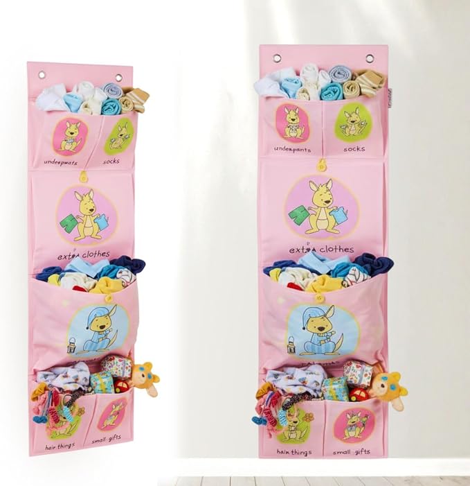 Room Hanging Storage Organizer, Fun & Colorful Storage & Organization for Clothes, Toys, & More. Wall & Door Attachable, Water-Resistant. Ideal for Kids' Room, Locker Kindergarten or Playroom (Pink)