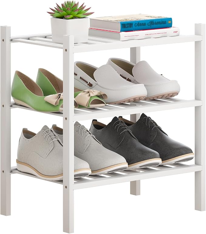 Bamboo Shoe Rack Stackable Shoe Shelf Storage Organizer for Unit Entryway Hallway and Closet Sturdy Freestanding Small Shoe Shelf(3S Tier White)