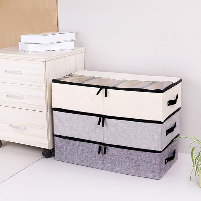 AARAINBOW Foldable Under Bed Clothes Organizer with Lid, Fabric Underbed Storage Container with Adjustable Dividers, Long UnderBed Storage Bins with Handles, Clear Shoes Storage Under Bed (2 Gray)