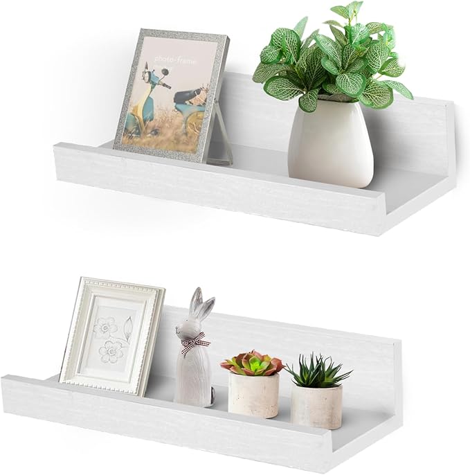 Muzilife 12" Small Floating Wall Ledge Shelves with Lip - Set of 2 Wood Floating Shelves - White Wall Mounted Picture Ledge for Office, Bathroom, Bedroom, Living Room, Kitchen