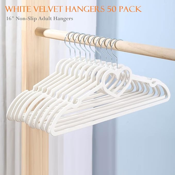 Velvet Hangers 50 Pack,16 Inch Non Slip Adult Heart Hanger (White) | 360° Swivel Hooks, Cascade Design, Space Saving