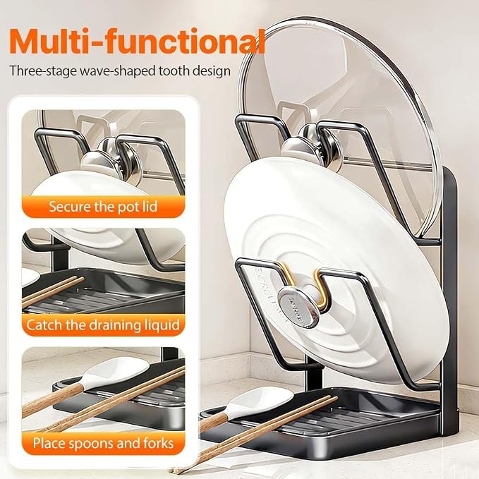Space-Saving Pot Lid Holder & Spoon Rest - 3-in-1 Organizer with Drip Tray, Keeps Countertops Clear While Cooking (Multifunctional Kitchen Rack)