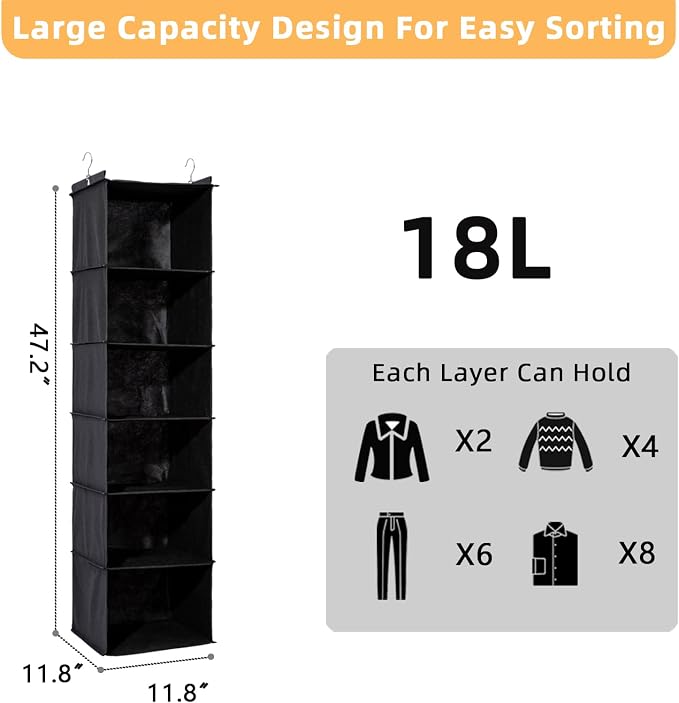 2 Packs Hanging Closet Organizer, 6-Shelf Closet Organizers and Storage with Side Pockets, Collapsible Hanging Shelves for Closet & RV & College Dorm,Black