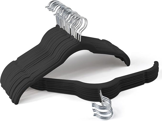 Sishynio Premium Velvet Hangers 30 Pack - Space-Saving Closet Organizer for Clothes, Non-Slip Flocked Design, Ideal for Shirts and Coats (Black)
