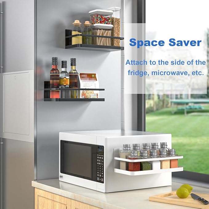 Magnetic Spice Rack, Magnet Refrigerator Spice Shelf Organizer for Spices, Jar of Olive Oil, Cooking Oils, Salt, Pepper, Perfect Space Saver for Small Kitchen, White, 2 Pack