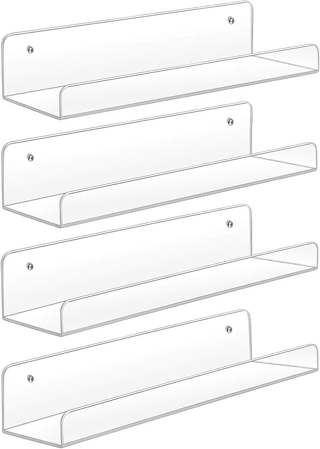 Sooyee Acrylic Shelves,4 Pack 15 Inch Floating Wall Mounted Shelves, Funko Pop Display Case,Invisible Kids Book Shelf,Picture Ledge Shelf Decor, Bathroom Shelf,Clear
