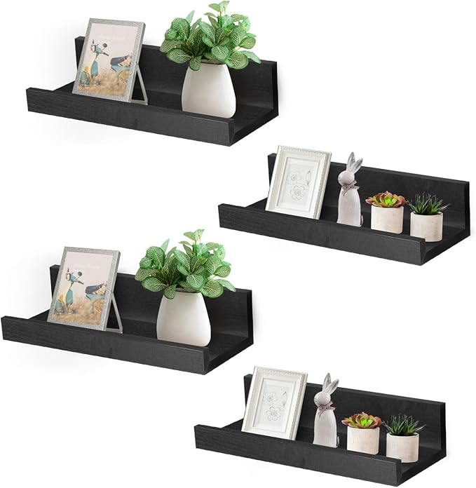 Muzilife 12" Small Floating Shelves Wood Wall Shelf with Lip, 4Pcs, Black | FSC-Certified Wood | 20 lbs Capacity | Space-Saving | Hanging Shelf | Wall Decor| Bedroom,Living Room,Bathroom,Kitchen,Office