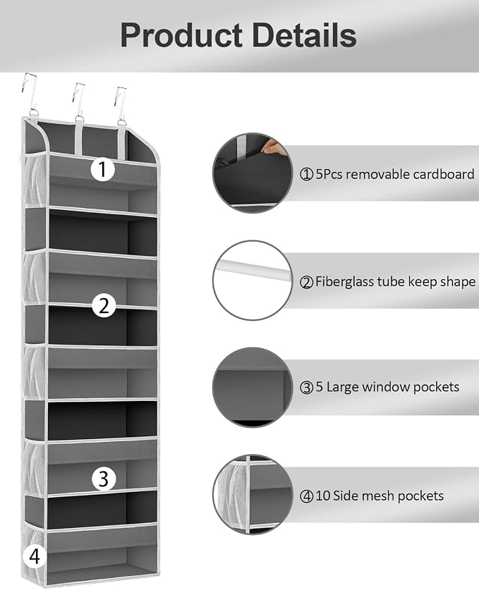 TAHAVICE 2 Pack Over the Door Storage Organizer, 5 Large & 10 Mesh Pockets | Hanging Storage Organizer with 40lb Capacity and Door Storage Space Saving for Bedroom,Bathroom,Nursery,Babyroom(Dark Gray)