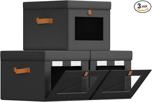 Homsorout Storage Bins with Lid – Closet Organizer with Side Opening and Clear Window, Foldable Stackable Fabric Basket for Clothes, Home, Office - 13.77" x 11.8" x 9.8", 3 Pack, Black