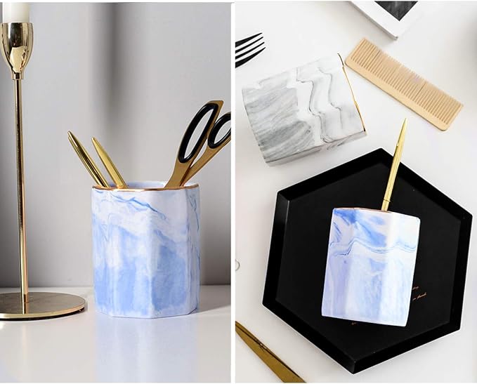 Pencil Holder Cup, Pen Organizer Stand for Desk Cute Marble Pattern Pen Cup Durable Ceramic Desk Organizers for Office Girl Women Adult Teen, Blue Marble