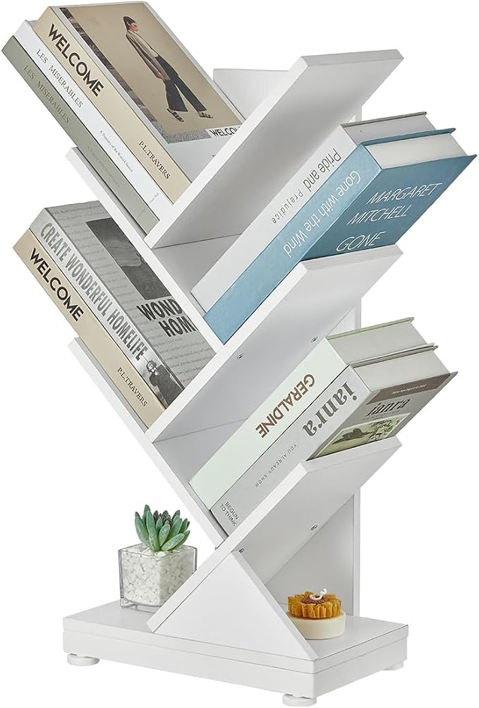 ruboka 5 Tier Tree Bookshelf, Small Bookcase 11.8"*7.4"*24" (White) | Retro Narrow Bookshelves for CDs/Magazines, Book Shelf for Bedroom, Living Room, Office, Balcony, Study Room