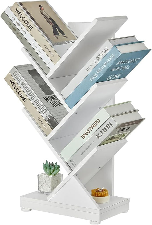 ruboka 5 Tier Tree Bookshelf, Small Bookcase 11.8"*7.4"*24" (White) | Retro Narrow Bookshelves for CDs/Magazines, Book Shelf for Bedroom, Living Room, Office, Balcony, Study Room