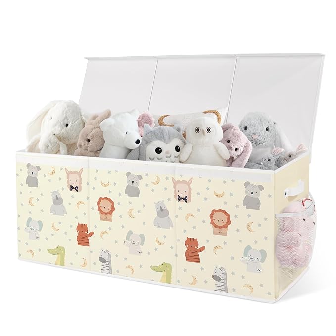 Extra Large Collapsible Toy Box with Lids, Sturdy Storage Organizer for Kids, 38"x16"x13" Toy Chest for Playroom, Nursery, Bedroom, Living Room (Pastel Animals)