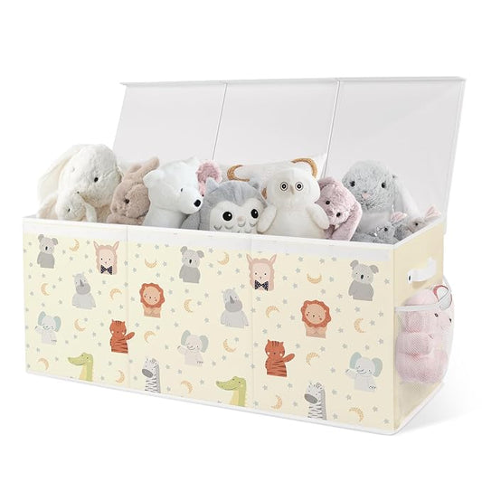 Extra Large Collapsible Toy Box with Lids, Sturdy Storage Organizer for Kids, 38"x16"x13" Toy Chest for Playroom, Nursery, Bedroom, Living Room (Pastel Animals)