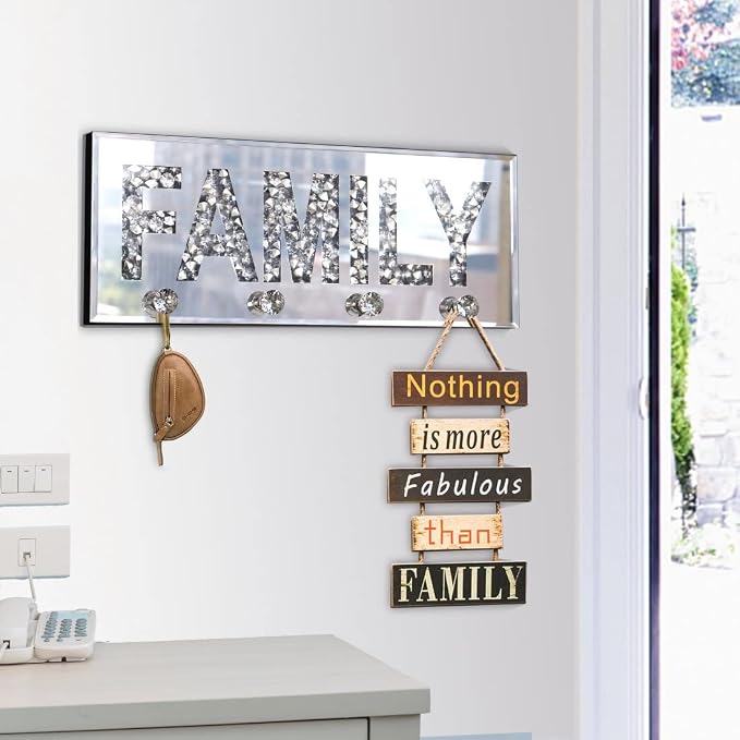 Crushed Diamond Mirrored FAMILY Letter Plaque Sign - 15" Silver Mirror Key Holder with 4 Crystal Acrylic Hooks, Wall Mounted Key Hanger for Kitchen, Great Room, Hallway-Glam Art Deco Family Rules Sign