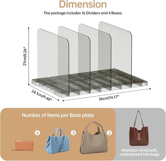 PAVSTINE 4 Pack Adjustable Purse Organizer, Stackable Closet Storage, Black | Adjustable Dividers, Clear Acrylic Handbag Storage Shelf, Keeps Bag, Pocketbook & Clutch Upright, Stackable to Save Space