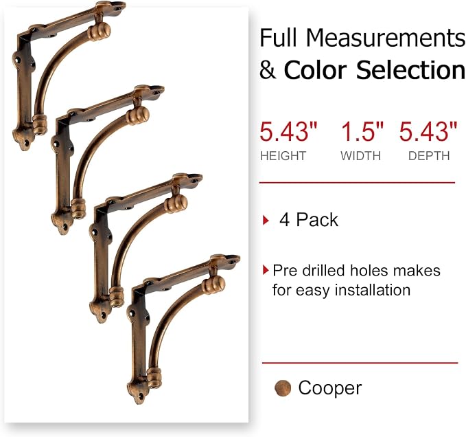 NACH Decorative Shelf Brackets, 4 Pack of 5.25 x 1.25 x 5.25 inch Copper Cast Iron Shelf Brackets - Decorative Brackets for Mounting - Industrial Style Brackets