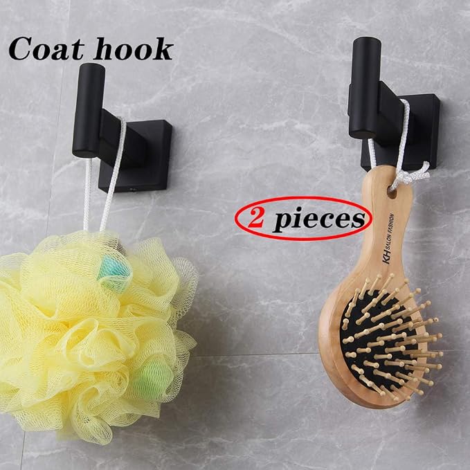 GERZWY Bathroom Matte Black Coat Hook SUS 304 Stainless Steel Single Towel/Robe Clothes Hook for Bath Kitchen Garage Heavy Duty Contemporary Hotel Style Wall Mounted 2 Pack DG1407-BK