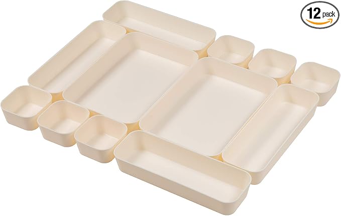 Set Of 12 Beige Color Plastic Desk Drawer Organizers For Makeup Bathroom Office Kitchen Vanity Drawer Storage Box Container