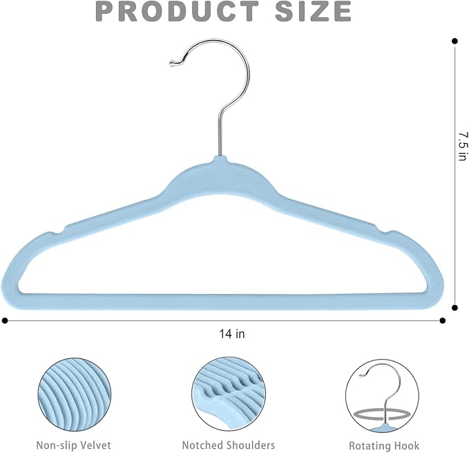 BAGAIL 50 Pack Kids Velvet Hangers 14” Inch Children's Clothes Hangers Non-Slip Baby Hangers for Infant/Toddler (Babyblue)